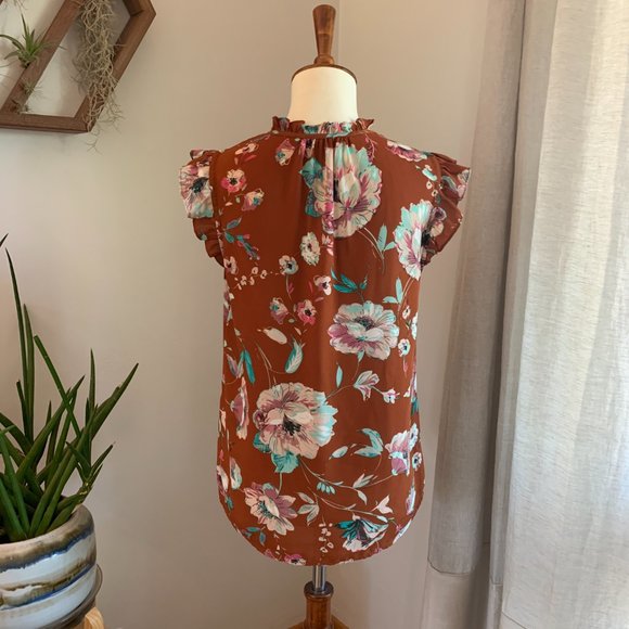 Terracotta floral boho sleeveless blouse, Daniel Rainn XS - Picture 2 of 5